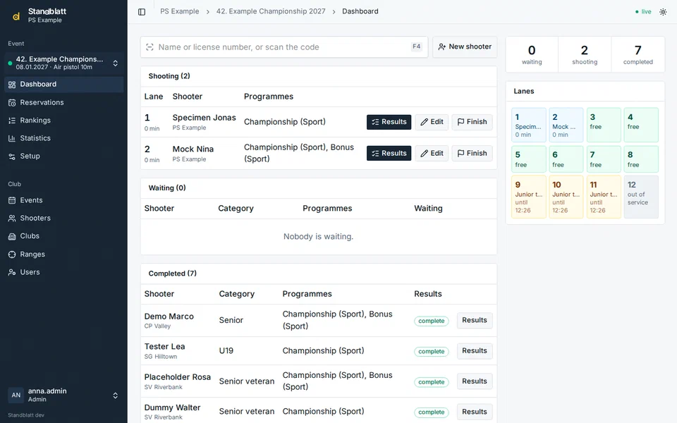Dashboard eines Wettkampfs mit wartenden und schiessenden Schützen und der Belegung der Scheiben